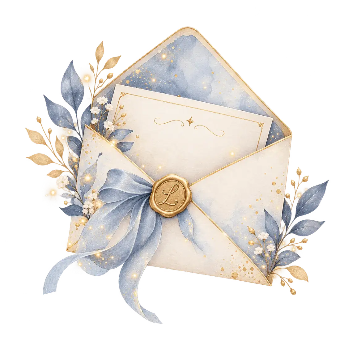 Envelope azul e marfim com carta, laço e folhagens em aquarela.