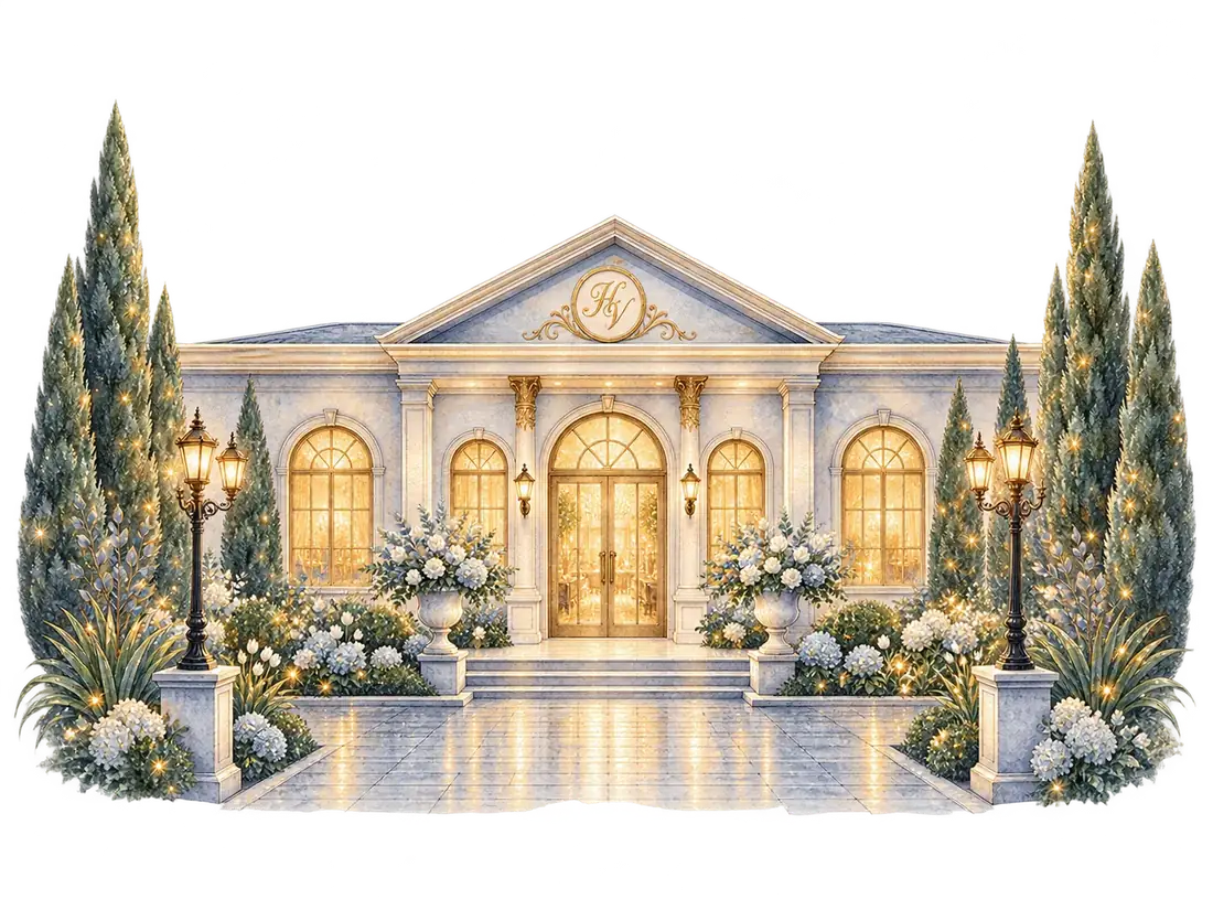 Ilustração decorativa de um salão iluminado.