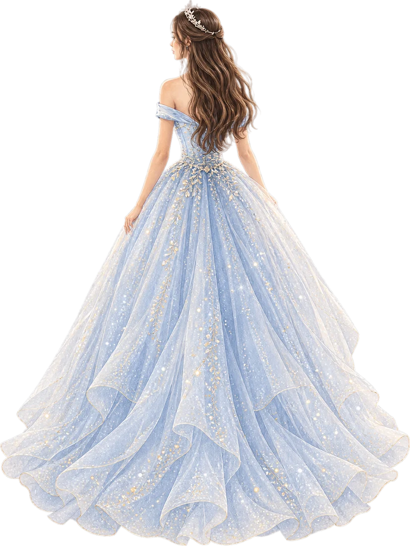 Ilustração de Lara com vestido azul de festa, vista de costas.