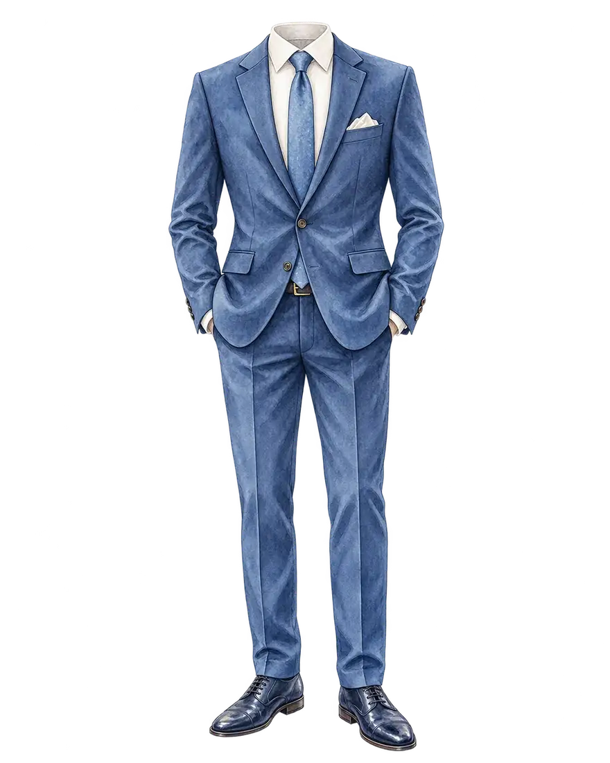 Sugestão de traje social com terno azul, camisa clara e gravata.