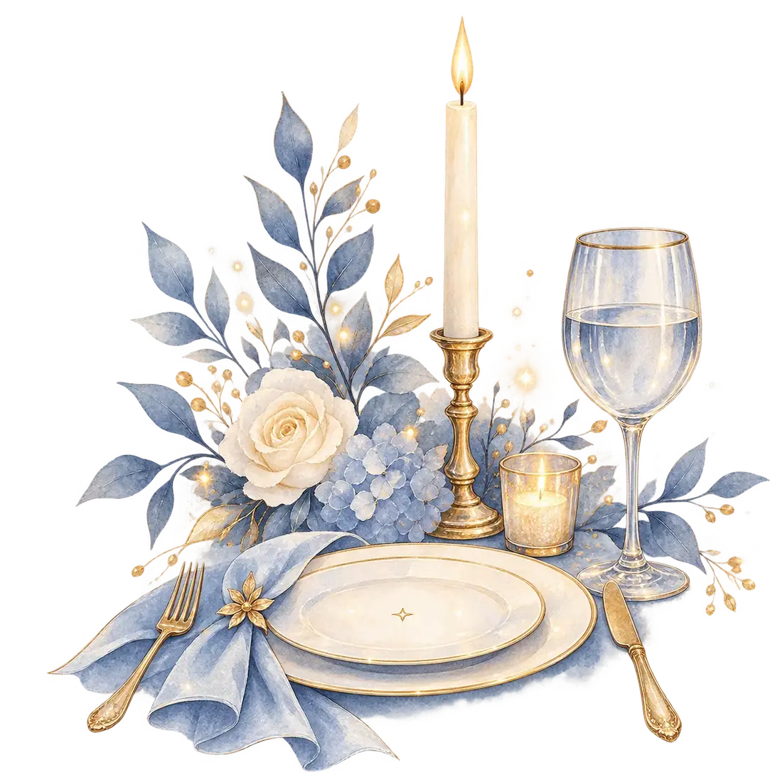Mesa posta para um jantar especial em tons de azul e dourado.