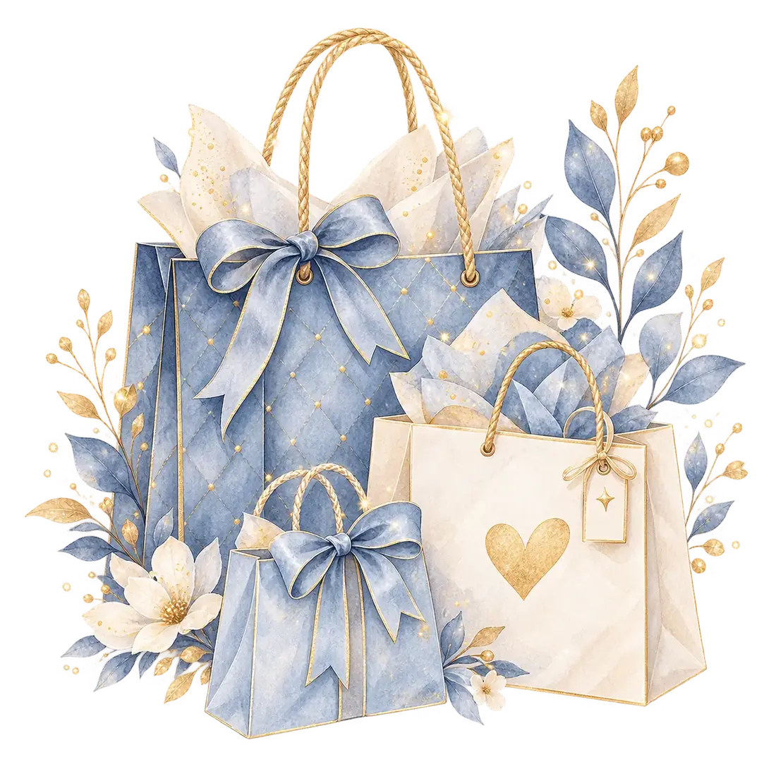 Sacolas de compras azuis e marfim com laços e coração dourado.