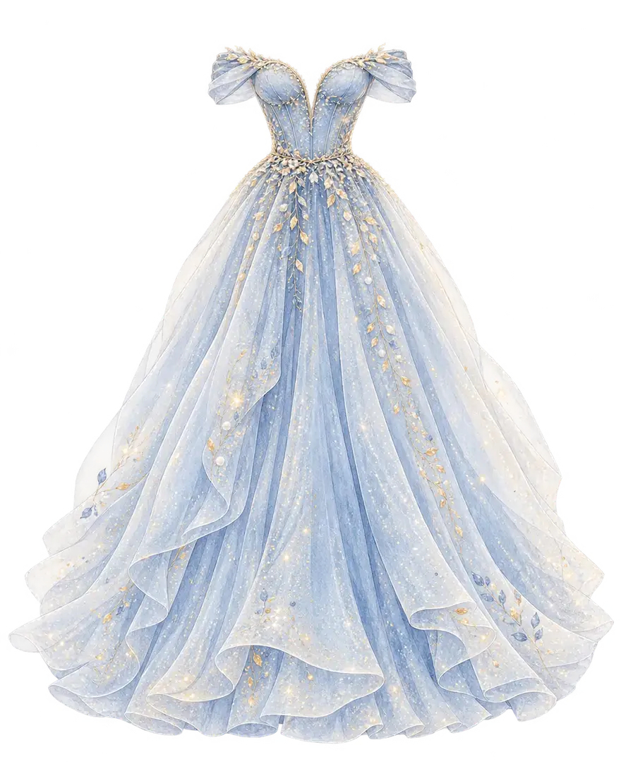 Sugestão de traje social com vestido longo azul e detalhes dourados.